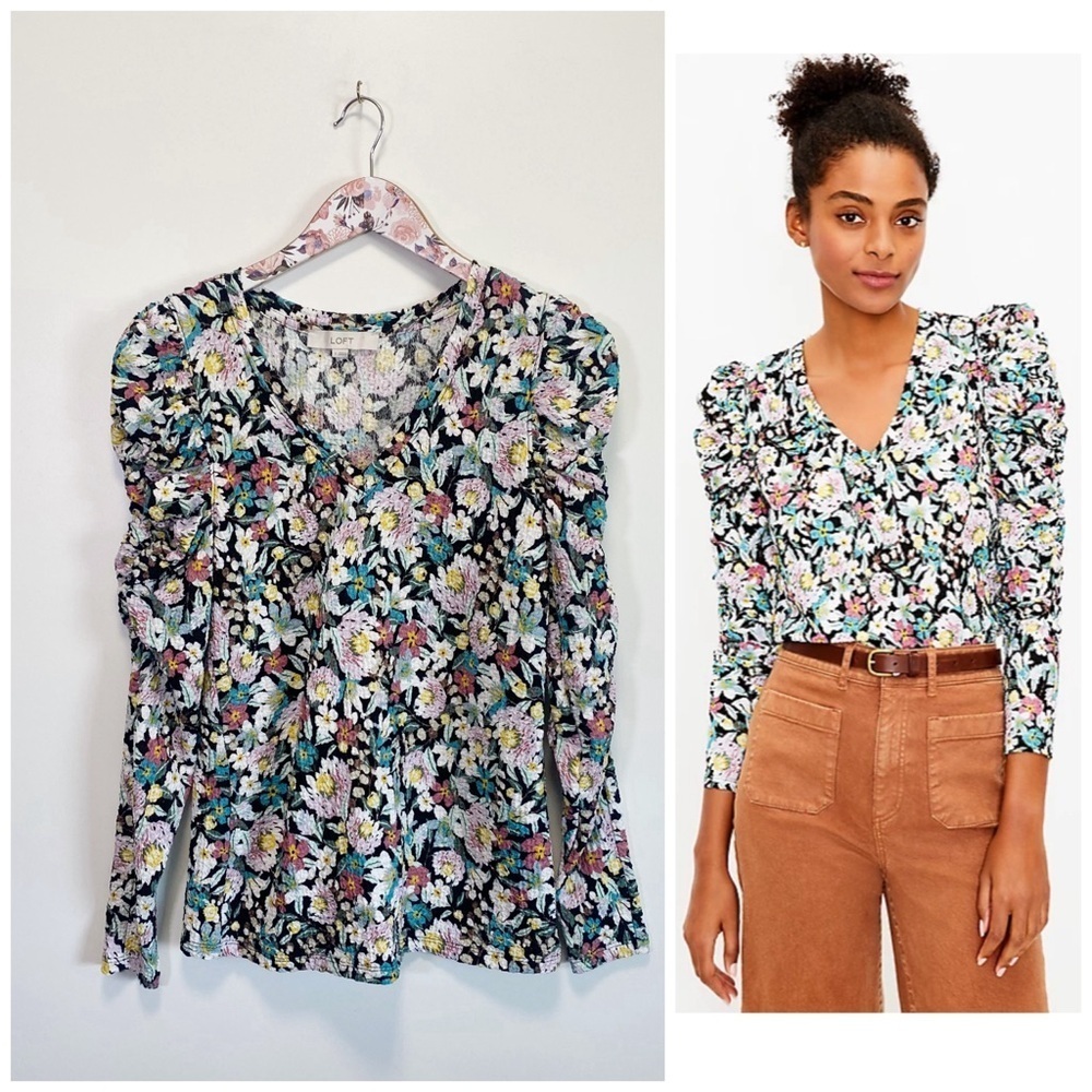 LOFT Floral Shirred Puff Sleeve Shirt! V-Neck Long Sleeve Size Small S